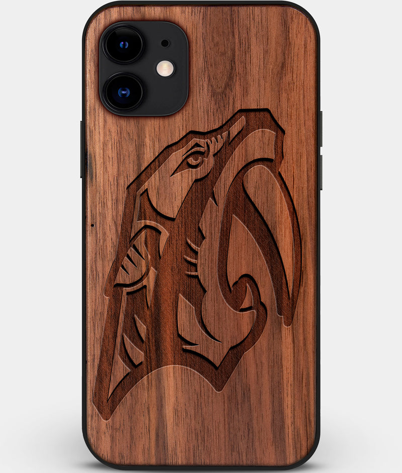 Custom Carved Wood Nashville Predators iPhone 11 Case | Personalized Walnut Wood Nashville Predators Cover, Birthday Gift, Gifts For Him, Monogrammed Gift For Fan | by Engraved In Nature