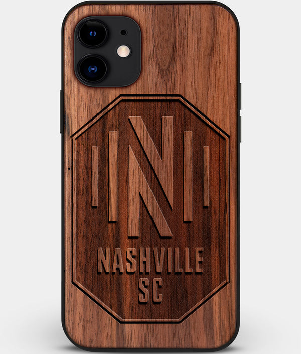 Custom Carved Wood Nashville SC iPhone 12 Case | Personalized Walnut Wood Nashville SC Cover, Birthday Gift, Gifts For Him, Monogrammed Gift For Fan | by Engraved In Nature