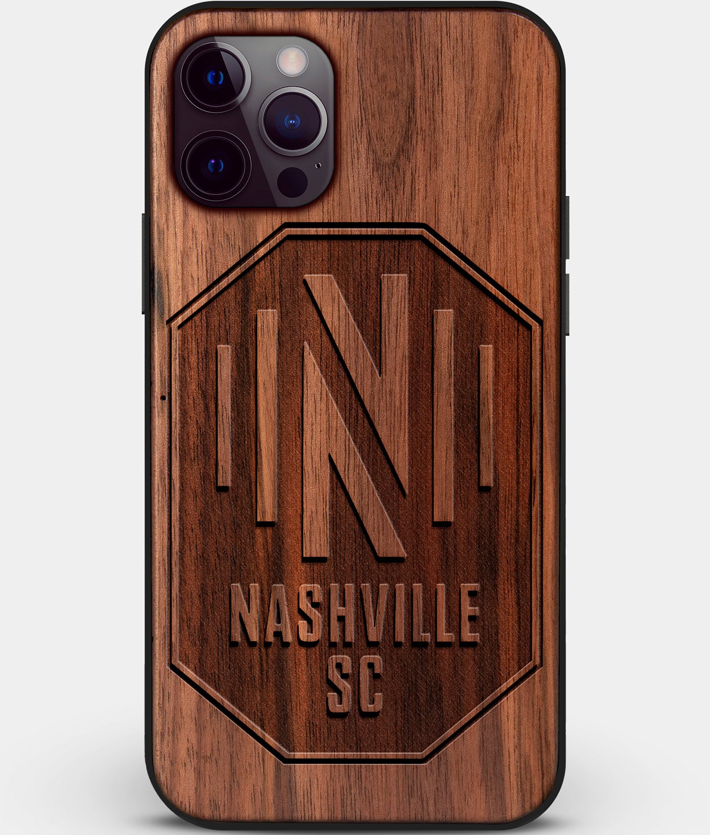 Custom Carved Wood Nashville SC iPhone 12 Pro Case | Personalized Walnut Wood Nashville SC Cover, Birthday Gift, Gifts For Him, Monogrammed Gift For Fan | by Engraved In Nature
