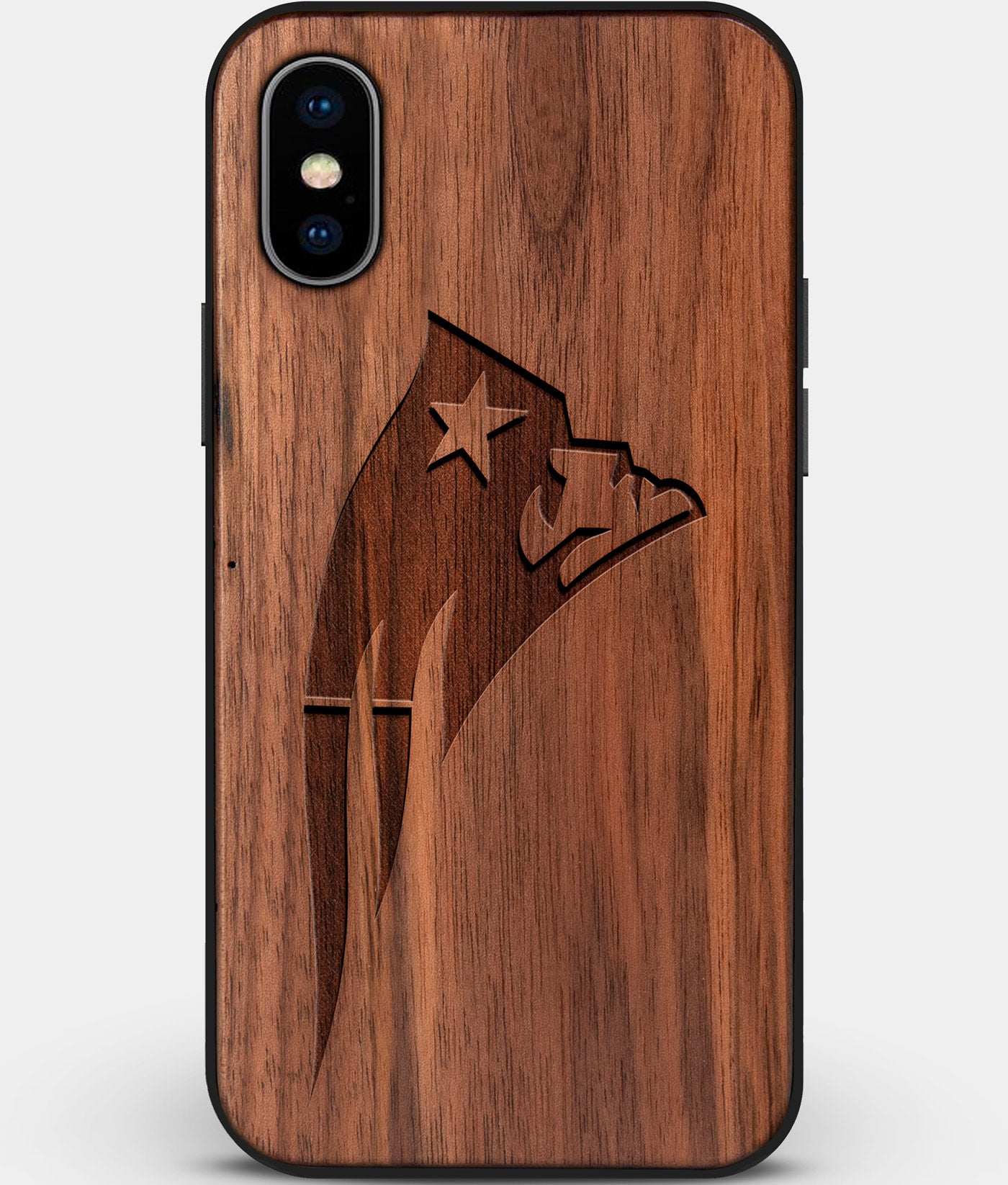 Custom Carved Wood New England Patriots iPhone X/XS Case | Personalized Walnut Wood New England Patriots Cover, Birthday Gift, Gifts For Him, Monogrammed Gift For Fan | by Engraved In Nature