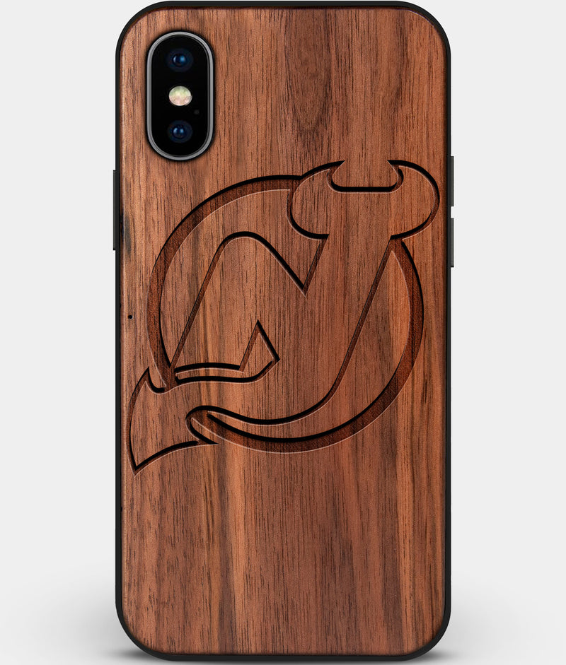 Custom Carved Wood New Jersey Devils iPhone X/XS Case | Personalized Walnut Wood New Jersey Devils Cover, Birthday Gift, Gifts For Him, Monogrammed Gift For Fan | by Engraved In Nature