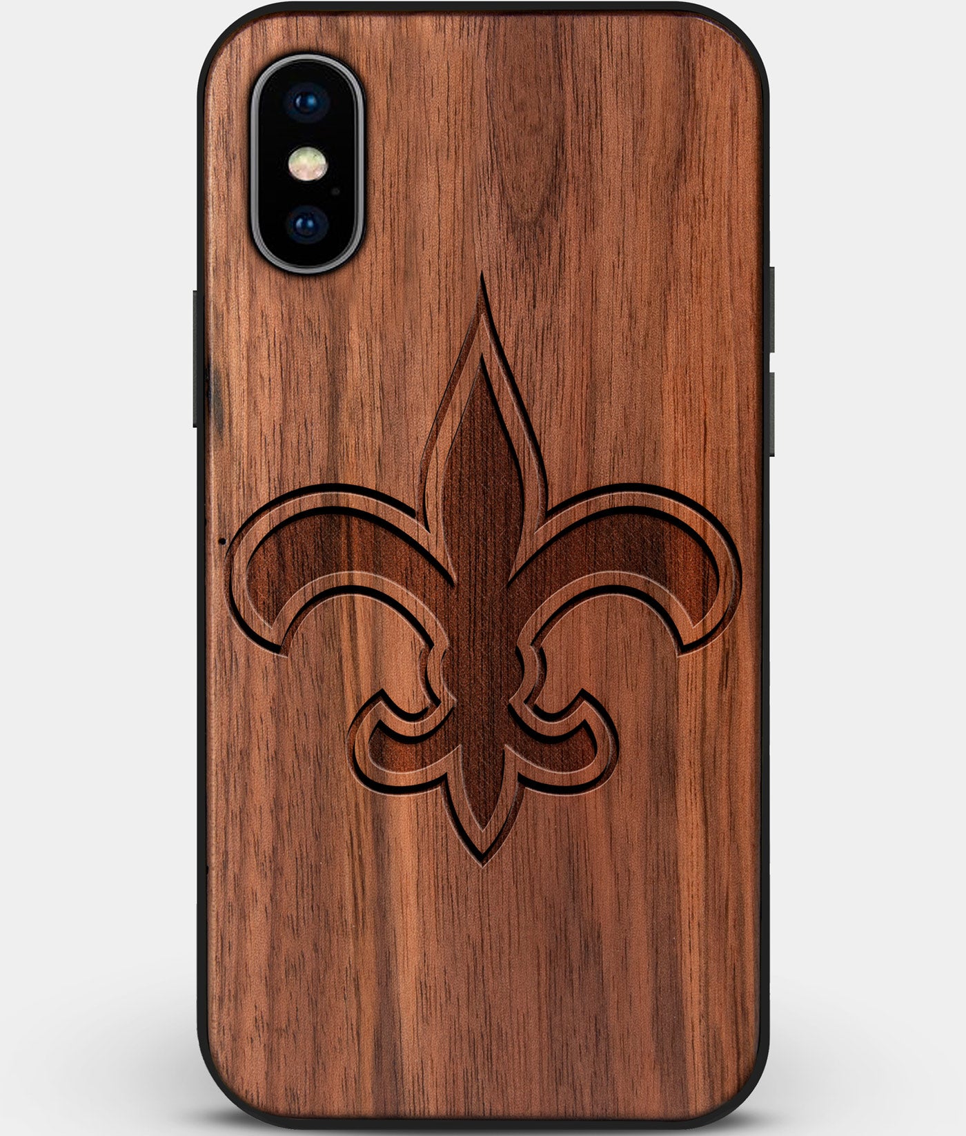 Custom Carved Wood New Orleans Saints iPhone X/XS Case | Personalized Walnut Wood New Orleans Saints Cover, Birthday Gift, Gifts For Him, Monogrammed Gift For Fan | by Engraved In Nature