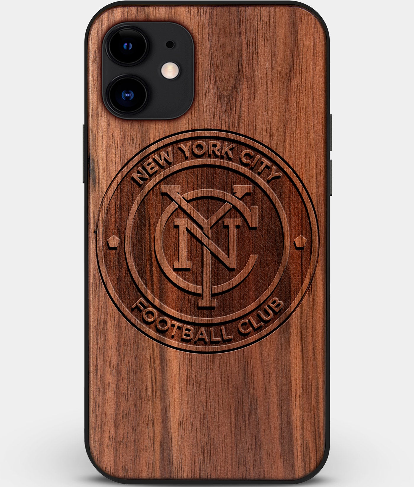 Custom Carved Wood New York City FC iPhone 11 Case | Personalized Walnut Wood New York City FC Cover, Birthday Gift, Gifts For Him, Monogrammed Gift For Fan | by Engraved In Nature