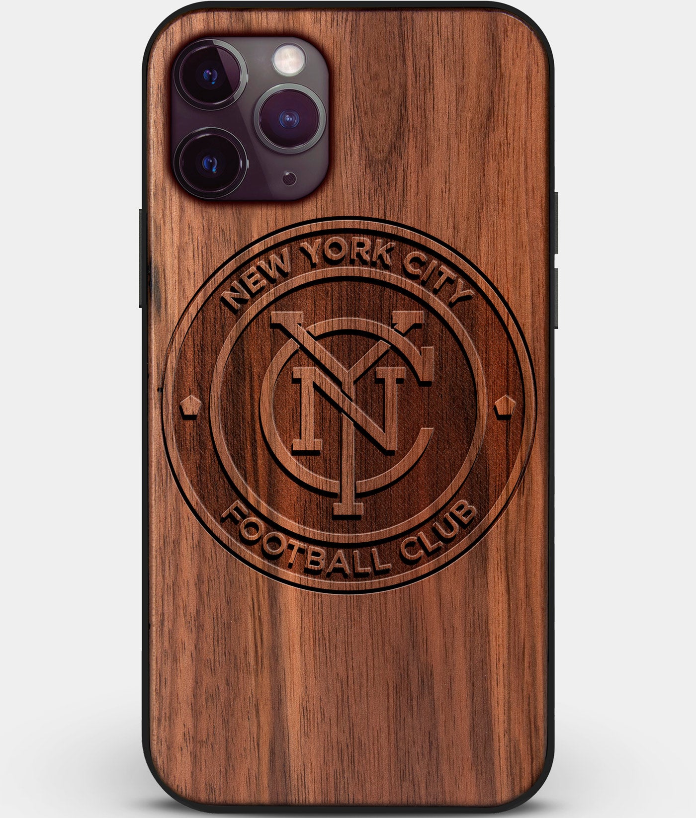 Custom Carved Wood New York City FC iPhone 11 Pro Case | Personalized Walnut Wood New York City FC Cover, Birthday Gift, Gifts For Him, Monogrammed Gift For Fan | by Engraved In Nature