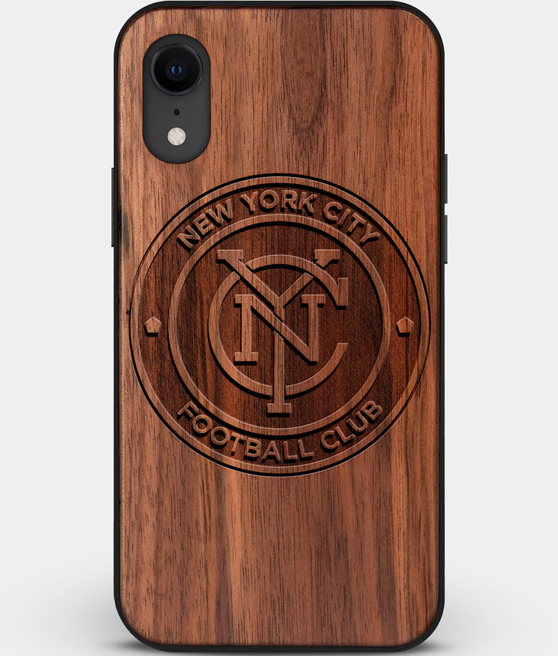 Custom Carved Wood New York City FC iPhone XR Case | Personalized Walnut Wood New York City FC Cover, Birthday Gift, Gifts For Him, Monogrammed Gift For Fan | by Engraved In Nature