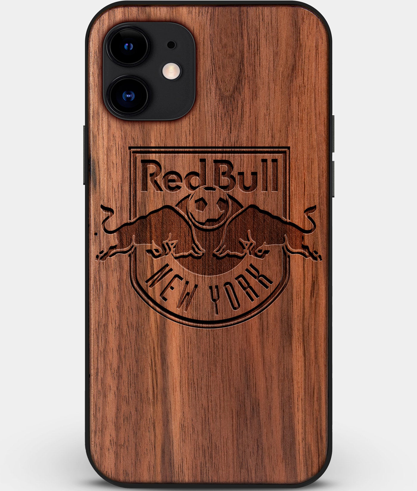 Custom Carved Wood New York City Red Bulls iPhone 11 Case | Personalized Walnut Wood New York City Red Bulls Cover, Birthday Gift, Gifts For Him, Monogrammed Gift For Fan | by Engraved In Nature