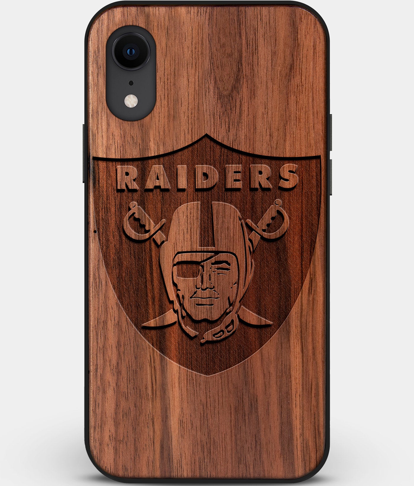 Custom Carved Wood Las Vegas Raiders iPhone XR Case | Personalized Walnut Wood Las Vegas Raiders Cover, Birthday Gift, Gifts For Him, Monogrammed Gift For Fan | by Engraved In Nature