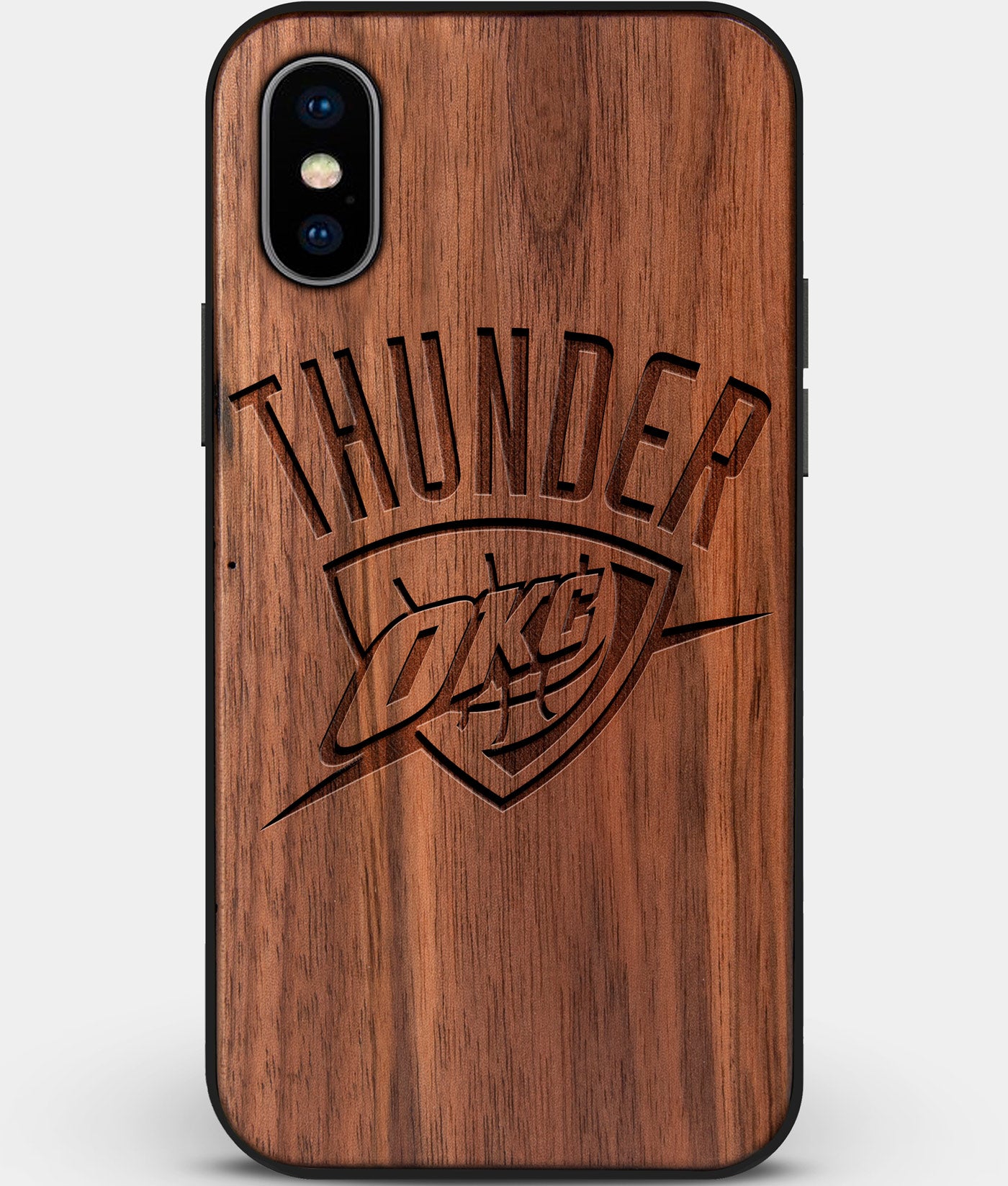 Custom Carved Wood OKC Thunder iPhone X/XS Case | Personalized Walnut Wood OKC Thunder Cover, Birthday Gift, Gifts For Him, Monogrammed Gift For Fan | by Engraved In Nature