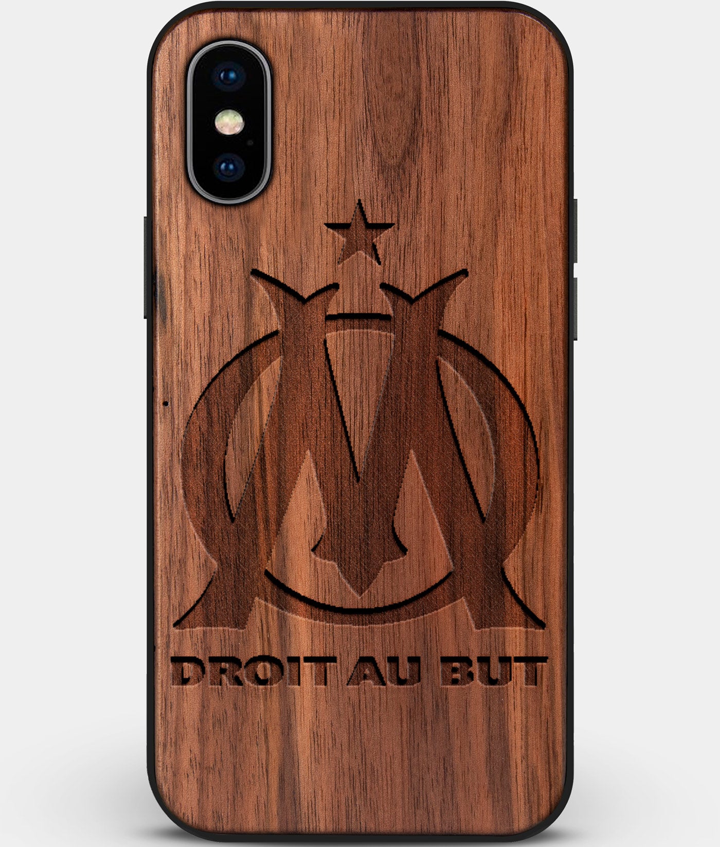 Custom Carved Wood Olympique de Marseille iPhone X/XS Case | Personalized Walnut Wood Olympique de Marseille Cover, Birthday Gift, Gifts For Him, Monogrammed Gift For Fan | by Engraved In Nature