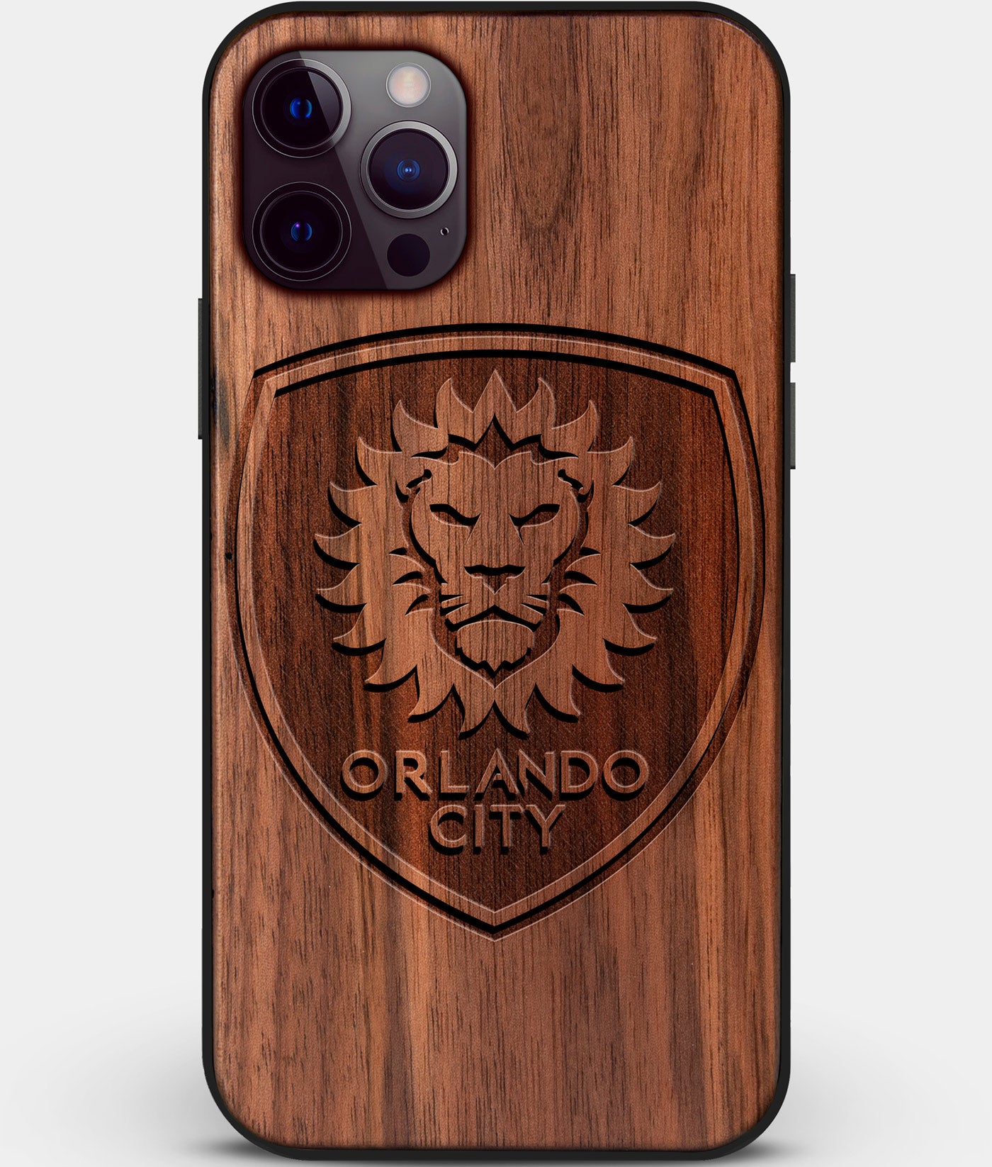 Custom Carved Wood Orlando City SC iPhone 12 Pro Max Case | Personalized Walnut Wood Orlando City SC Cover, Birthday Gift, Gifts For Him, Monogrammed Gift For Fan | by Engraved In Nature