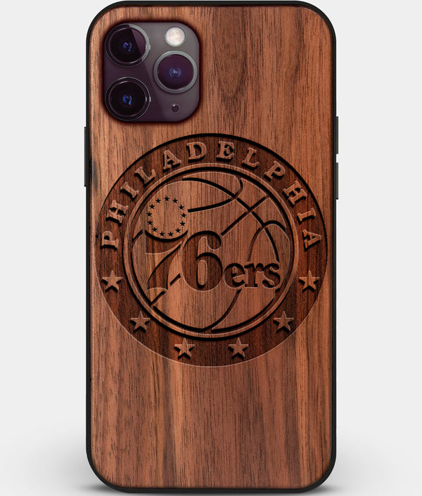 Custom Carved Wood Philadelphia 76Ers iPhone 11 Pro Case | Personalized Walnut Wood Philadelphia 76Ers Cover, Birthday Gift, Gifts For Him, Monogrammed Gift For Fan | by Engraved In Nature