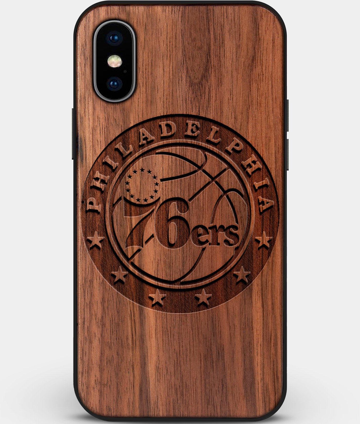 Custom Carved Wood Philadelphia 76Ers iPhone X/XS Case | Personalized Walnut Wood Philadelphia 76Ers Cover, Birthday Gift, Gifts For Him, Monogrammed Gift For Fan | by Engraved In Nature