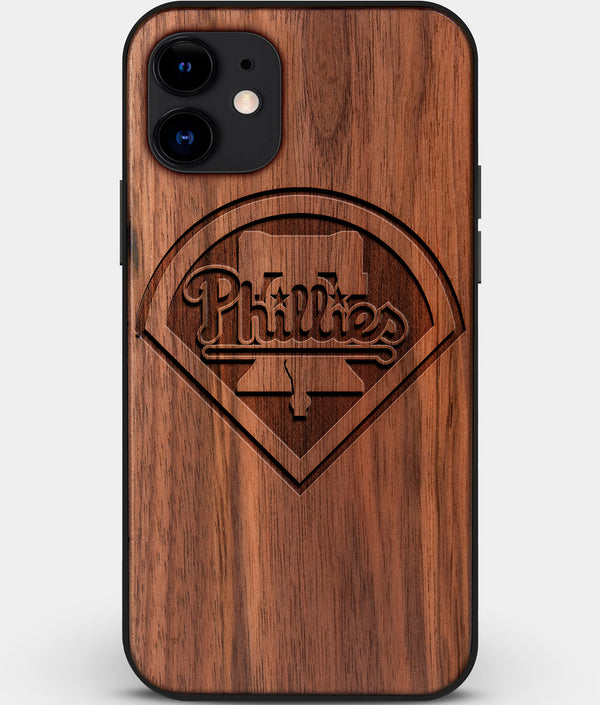 Custom Carved Wood Philadelphia Phillies iPhone 11 Case | Personalized Walnut Wood Philadelphia Phillies Cover, Birthday Gift, Gifts For Him, Monogrammed Gift For Fan | by Engraved In Nature