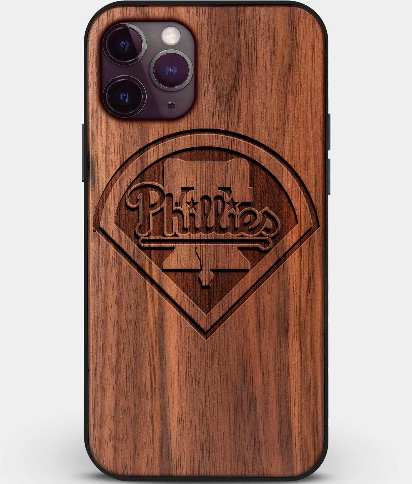 Custom Carved Wood Philadelphia Phillies iPhone 11 Pro Case | Personalized Walnut Wood Philadelphia Phillies Cover, Birthday Gift, Gifts For Him, Monogrammed Gift For Fan | by Engraved In Nature