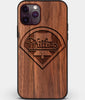 Custom Carved Wood Philadelphia Phillies iPhone 11 Pro Max Case | Personalized Walnut Wood Philadelphia Phillies Cover, Birthday Gift, Gifts For Him, Monogrammed Gift For Fan | by Engraved In Nature