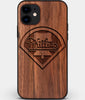 Custom Carved Wood Philadelphia Phillies iPhone 12 Mini Case | Personalized Walnut Wood Philadelphia Phillies Cover, Birthday Gift, Gifts For Him, Monogrammed Gift For Fan | by Engraved In Nature