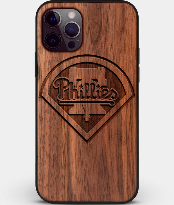 Custom Carved Wood Philadelphia Phillies iPhone 12 Pro Case | Personalized Walnut Wood Philadelphia Phillies Cover, Birthday Gift, Gifts For Him, Monogrammed Gift For Fan | by Engraved In Nature