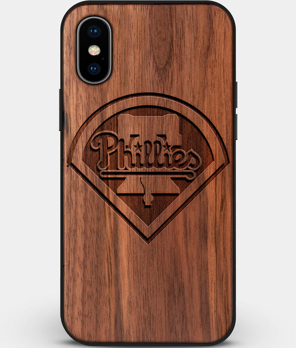 Custom Carved Wood Philadelphia Phillies iPhone X/XS Case | Personalized Walnut Wood Philadelphia Phillies Cover, Birthday Gift, Gifts For Him, Monogrammed Gift For Fan | by Engraved In Nature