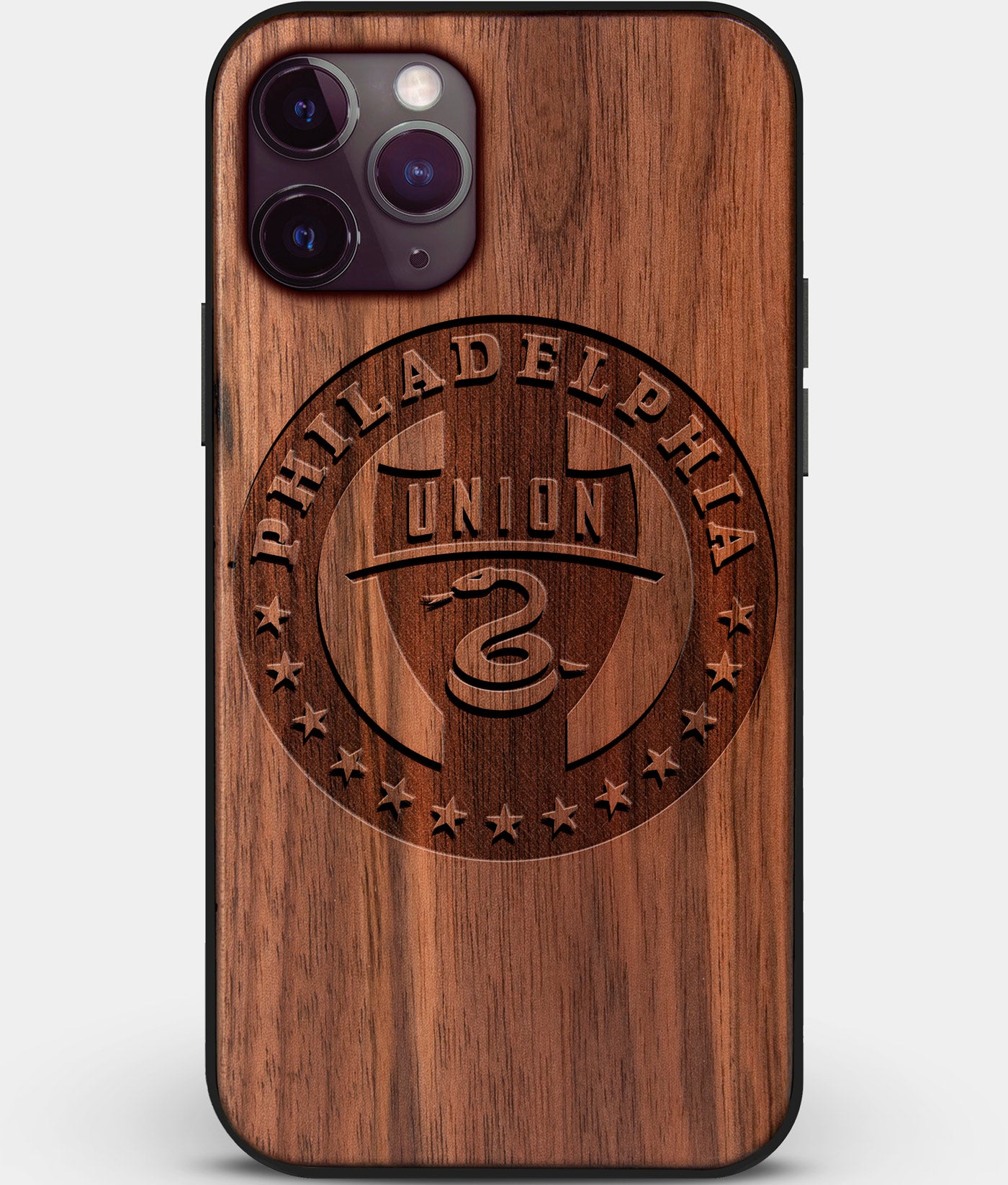 Custom Carved Wood Philadelphia Union iPhone 11 Pro Case | Personalized Walnut Wood Philadelphia Union Cover, Birthday Gift, Gifts For Him, Monogrammed Gift For Fan | by Engraved In Nature