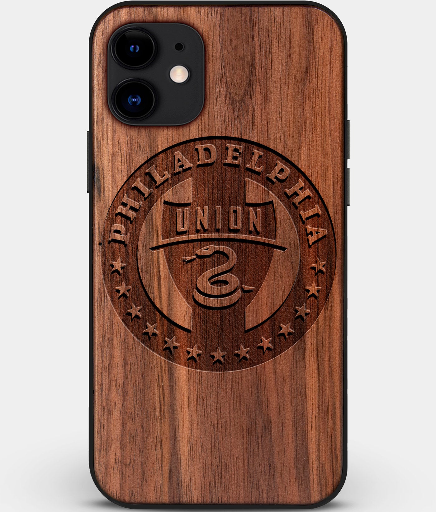 Custom Carved Wood Philadelphia Union iPhone 12 Mini Case | Personalized Walnut Wood Philadelphia Union Cover, Birthday Gift, Gifts For Him, Monogrammed Gift For Fan | by Engraved In Nature