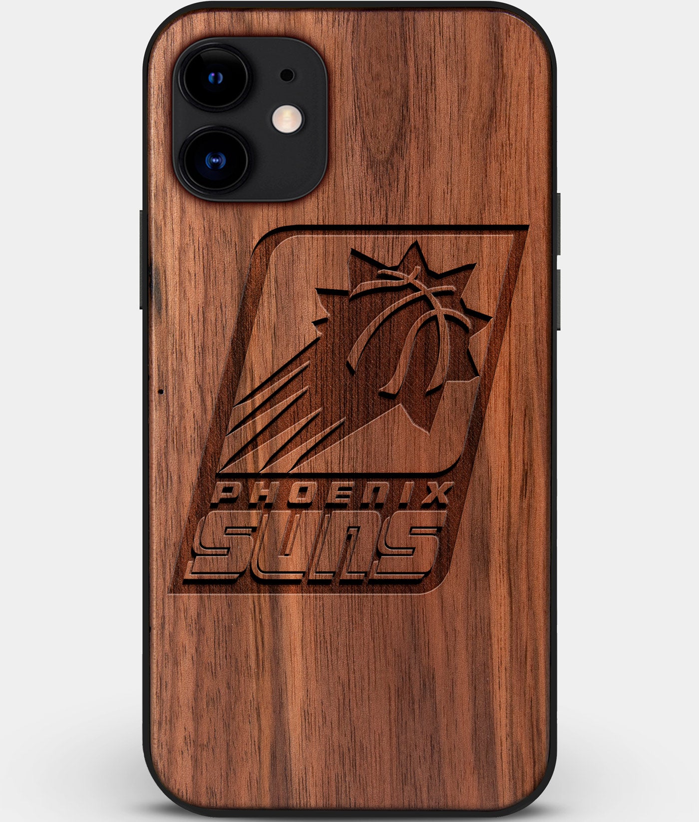 Custom Carved Wood Phoenix Suns iPhone 11 Case | Personalized Walnut Wood Phoenix Suns Cover, Birthday Gift, Gifts For Him, Monogrammed Gift For Fan | by Engraved In Nature