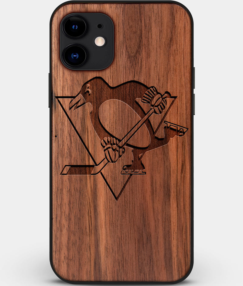 Custom Carved Wood Pittsburgh Penguins iPhone 12 Case | Personalized Walnut Wood Pittsburgh Penguins Cover, Birthday Gift, Gifts For Him, Monogrammed Gift For Fan | by Engraved In Nature
