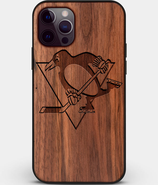Custom Carved Wood Pittsburgh Penguins iPhone 12 Pro Max Case | Personalized Walnut Wood Pittsburgh Penguins Cover, Birthday Gift, Gifts For Him, Monogrammed Gift For Fan | by Engraved In Nature