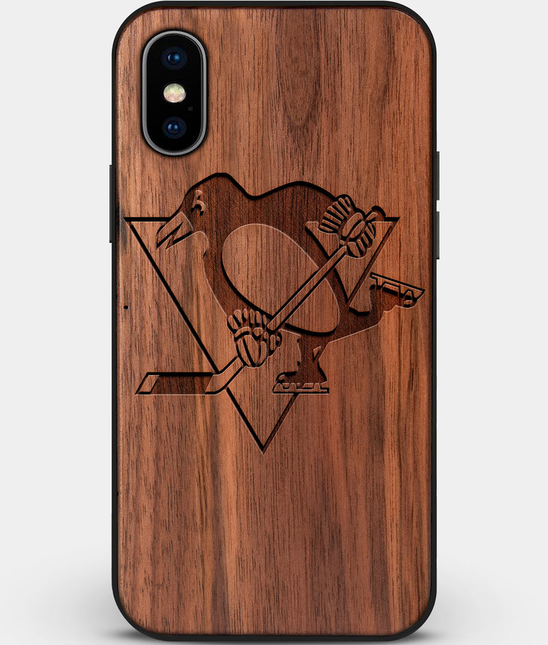 Custom Carved Wood Pittsburgh Penguins iPhone X/XS Case | Personalized Walnut Wood Pittsburgh Penguins Cover, Birthday Gift, Gifts For Him, Monogrammed Gift For Fan | by Engraved In Nature
