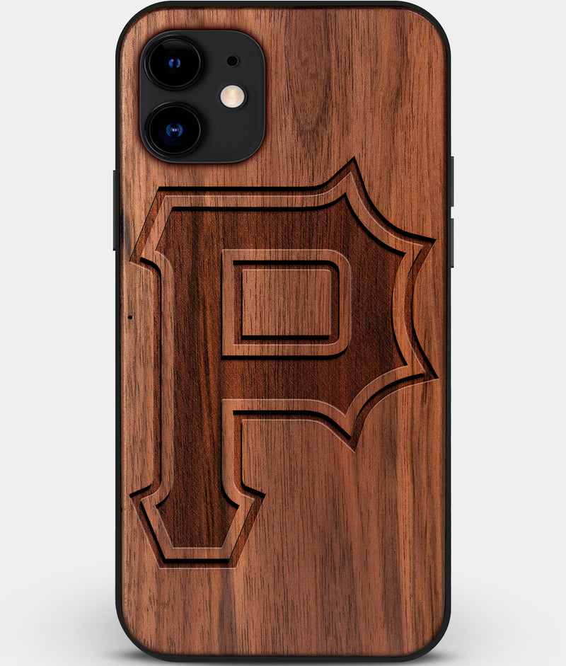 Custom Carved Wood Pittsburgh Pirates iPhone 11 Case Classic | Personalized Walnut Wood Pittsburgh Pirates Cover, Birthday Gift, Gifts For Him, Monogrammed Gift For Fan | by Engraved In Nature