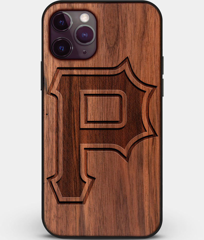 Custom Carved Wood Pittsburgh Pirates iPhone 11 Pro Case Classic | Personalized Walnut Wood Pittsburgh Pirates Cover, Birthday Gift, Gifts For Him, Monogrammed Gift For Fan | by Engraved In Nature