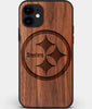 Custom Carved Wood Pittsburgh Steelers iPhone 11 Case | Personalized Walnut Wood Pittsburgh Steelers Cover, Birthday Gift, Gifts For Him, Monogrammed Gift For Fan | by Engraved In Nature