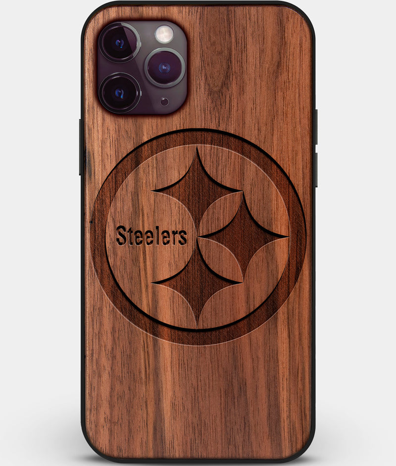 Custom Carved Wood Pittsburgh Steelers iPhone 11 Pro Case | Personalized Walnut Wood Pittsburgh Steelers Cover, Birthday Gift, Gifts For Him, Monogrammed Gift For Fan | by Engraved In Nature