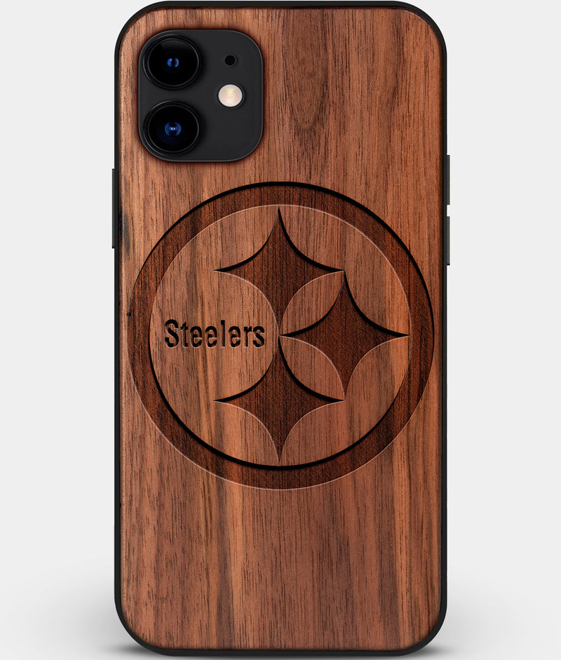 Custom Carved Wood Pittsburgh Steelers iPhone 12 Case | Personalized Walnut Wood Pittsburgh Steelers Cover, Birthday Gift, Gifts For Him, Monogrammed Gift For Fan | by Engraved In Nature