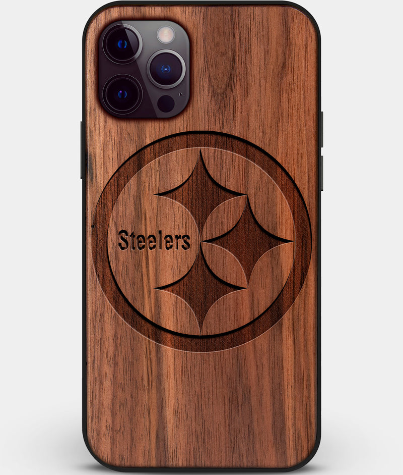 Custom Carved Wood Pittsburgh Steelers iPhone 12 Pro Case | Personalized Walnut Wood Pittsburgh Steelers Cover, Birthday Gift, Gifts For Him, Monogrammed Gift For Fan | by Engraved In Nature