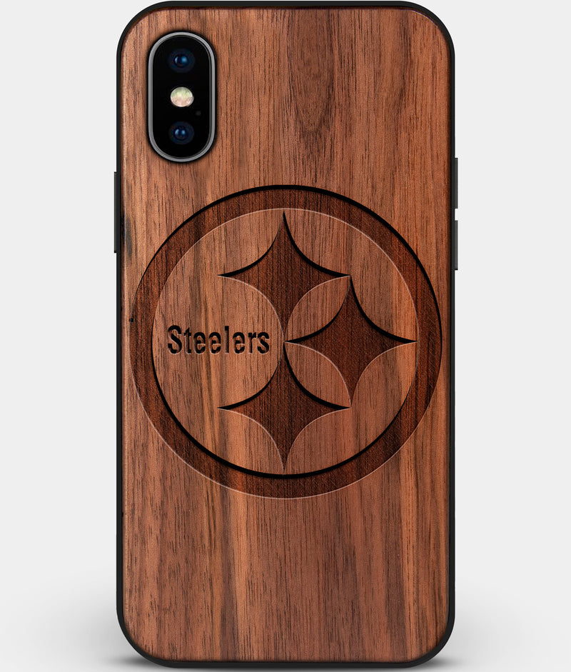 Custom Carved Wood Pittsburgh Steelers iPhone X/XS Case | Personalized Walnut Wood Pittsburgh Steelers Cover, Birthday Gift, Gifts For Him, Monogrammed Gift For Fan | by Engraved In Nature