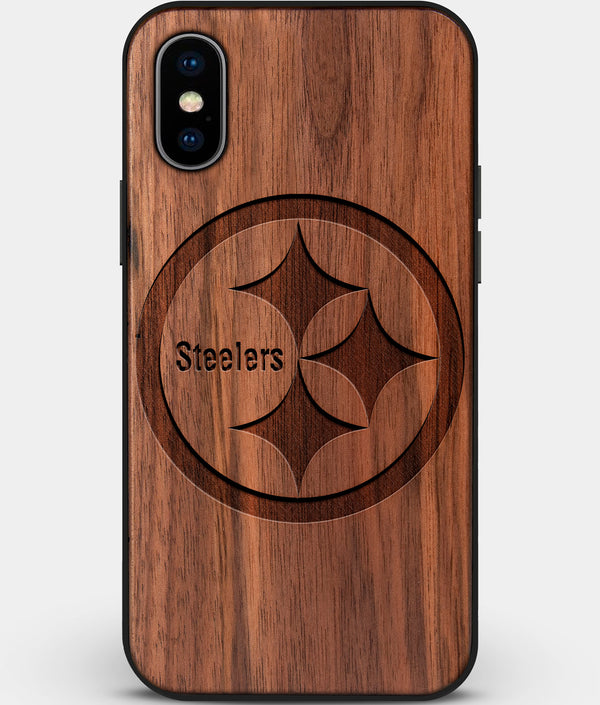 Custom Carved Wood Pittsburgh Steelers iPhone XS Max Case | Personalized Walnut Wood Pittsburgh Steelers Cover, Birthday Gift, Gifts For Him, Monogrammed Gift For Fan | by Engraved In Nature