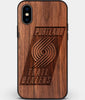Custom Carved Wood Portland Trail Blazers iPhone X/XS Case | Personalized Walnut Wood Portland Trail Blazers Cover, Birthday Gift, Gifts For Him, Monogrammed Gift For Fan | by Engraved In Nature