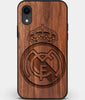 Custom Carved Wood Real Madrid C.F. iPhone XR Case | Personalized Walnut Wood Real Madrid C.F. Cover, Birthday Gift, Gifts For Him, Monogrammed Gift For Fan | by Engraved In Nature