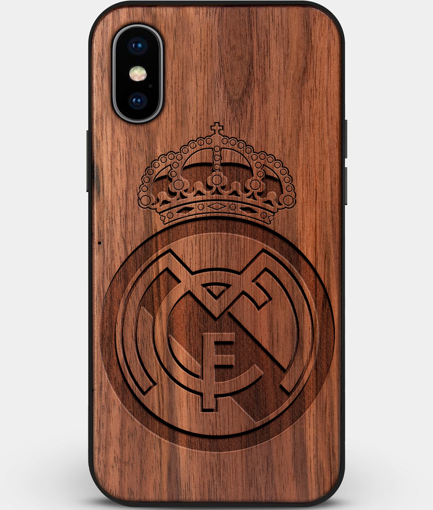Custom Carved Wood Real Madrid C.F. iPhone X/XS Case | Personalized Walnut Wood Real Madrid C.F. Cover, Birthday Gift, Gifts For Him, Monogrammed Gift For Fan | by Engraved In Nature