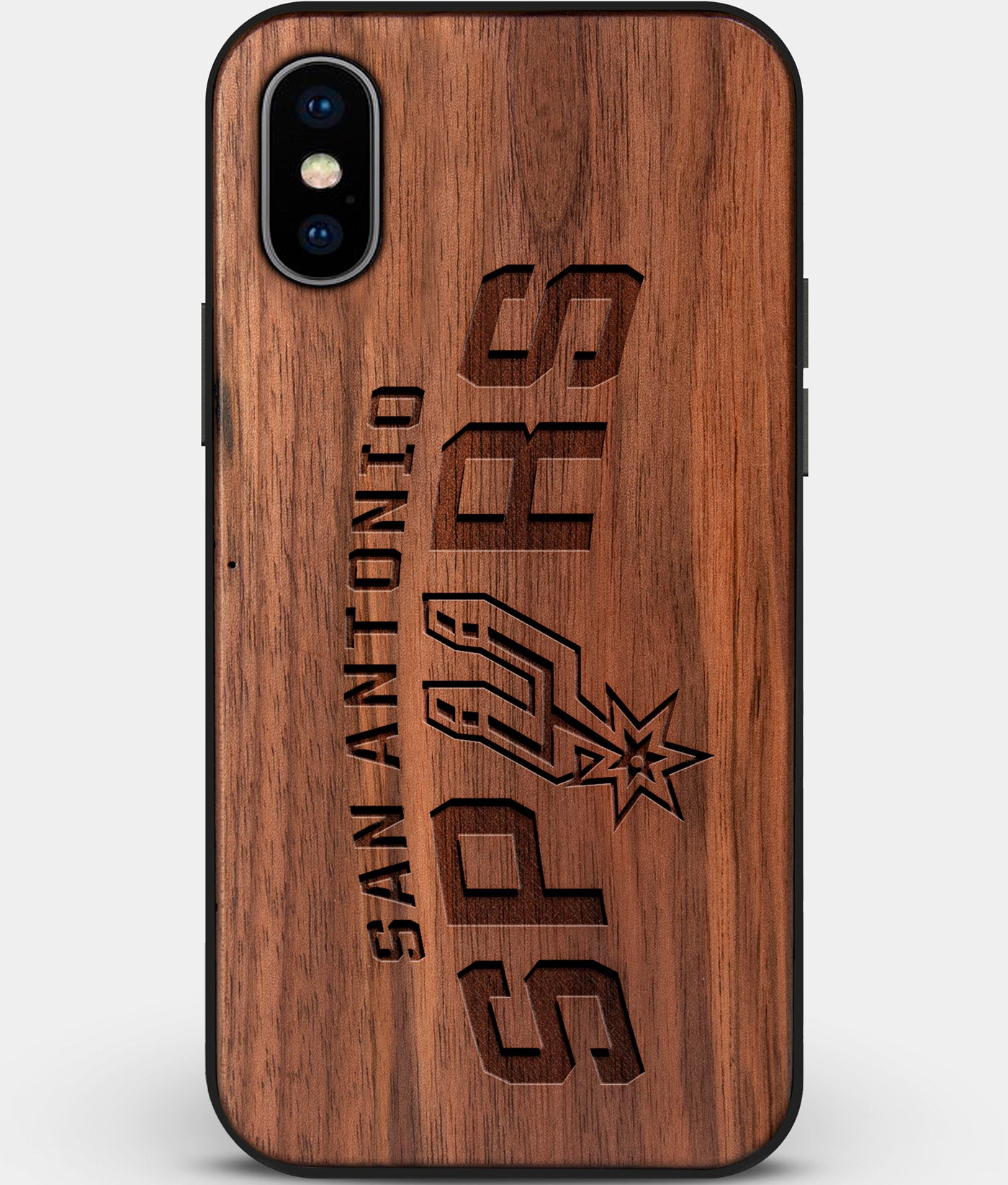 Custom Carved Wood San Antonio Spurs iPhone X/XS Case | Personalized Walnut Wood San Antonio Spurs Cover, Birthday Gift, Gifts For Him, Monogrammed Gift For Fan | by Engraved In Nature