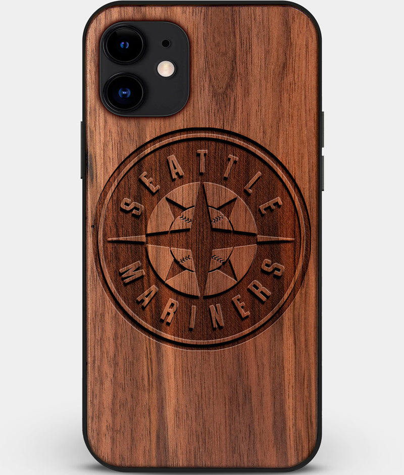 Custom Carved Wood Seattle Mariners iPhone 12 Case | Personalized Walnut Wood Seattle Mariners Cover, Birthday Gift, Gifts For Him, Monogrammed Gift For Fan | by Engraved In Nature