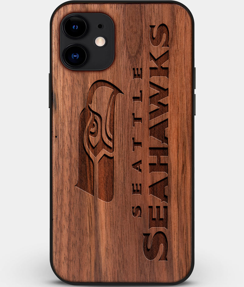 Custom Carved Wood Seattle Seahawks iPhone 11 Case | Personalized Walnut Wood Seattle Seahawks Cover, Birthday Gift, Gifts For Him, Monogrammed Gift For Fan | by Engraved In Nature