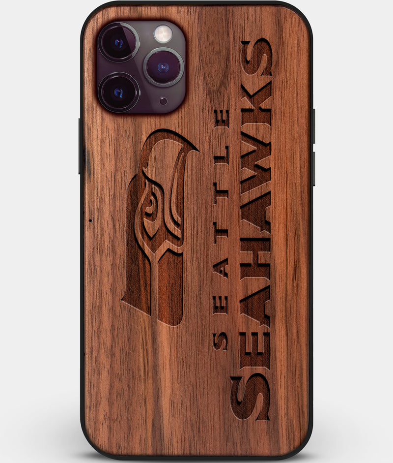 Custom Carved Wood Seattle Seahawks iPhone 11 Pro Case | Personalized Walnut Wood Seattle Seahawks Cover, Birthday Gift, Gifts For Him, Monogrammed Gift For Fan | by Engraved In Nature