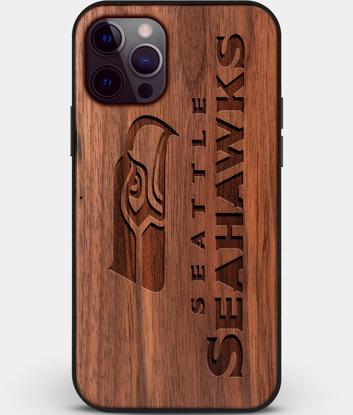 Custom Carved Wood Seattle Seahawks iPhone 12 Pro Case | Personalized Walnut Wood Seattle Seahawks Cover, Birthday Gift, Gifts For Him, Monogrammed Gift For Fan | by Engraved In Nature