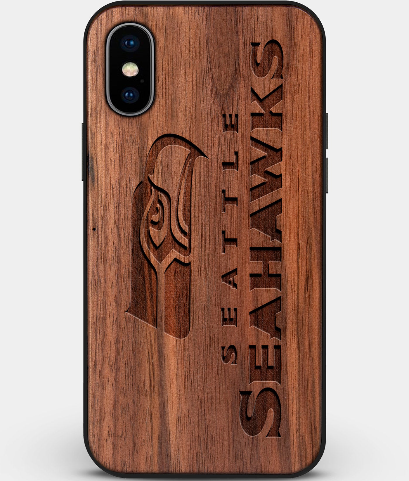 Custom Carved Wood Seattle Seahawks iPhone X/XS Case | Personalized Walnut Wood Seattle Seahawks Cover, Birthday Gift, Gifts For Him, Monogrammed Gift For Fan | by Engraved In Nature