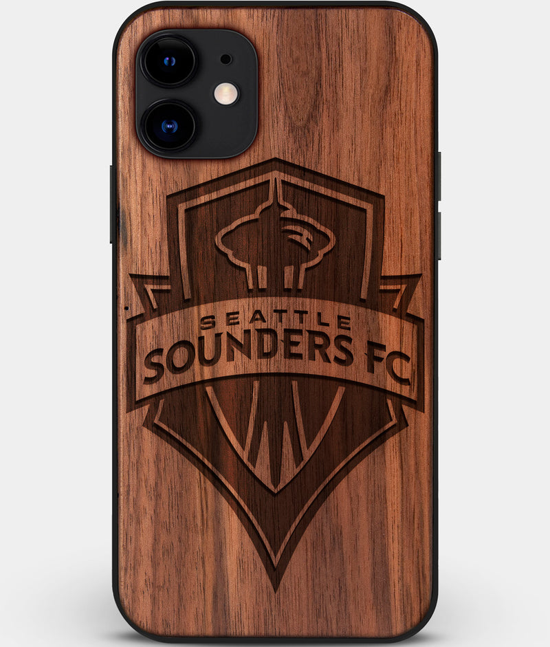 Custom Carved Wood Seattle Sounders FC iPhone 11 Case | Personalized Walnut Wood Seattle Sounders FC Cover, Birthday Gift, Gifts For Him, Monogrammed Gift For Fan | by Engraved In Nature