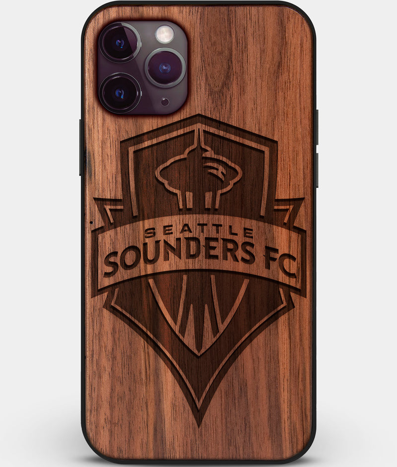 Custom Carved Wood Seattle Sounders FC iPhone 11 Pro Max Case | Personalized Walnut Wood Seattle Sounders FC Cover, Birthday Gift, Gifts For Him, Monogrammed Gift For Fan | by Engraved In Nature