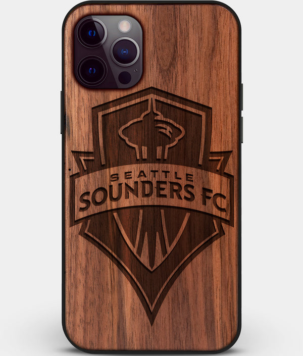 Custom Carved Wood Seattle Sounders FC iPhone 12 Pro Case | Personalized Walnut Wood Seattle Sounders FC Cover, Birthday Gift, Gifts For Him, Monogrammed Gift For Fan | by Engraved In Nature