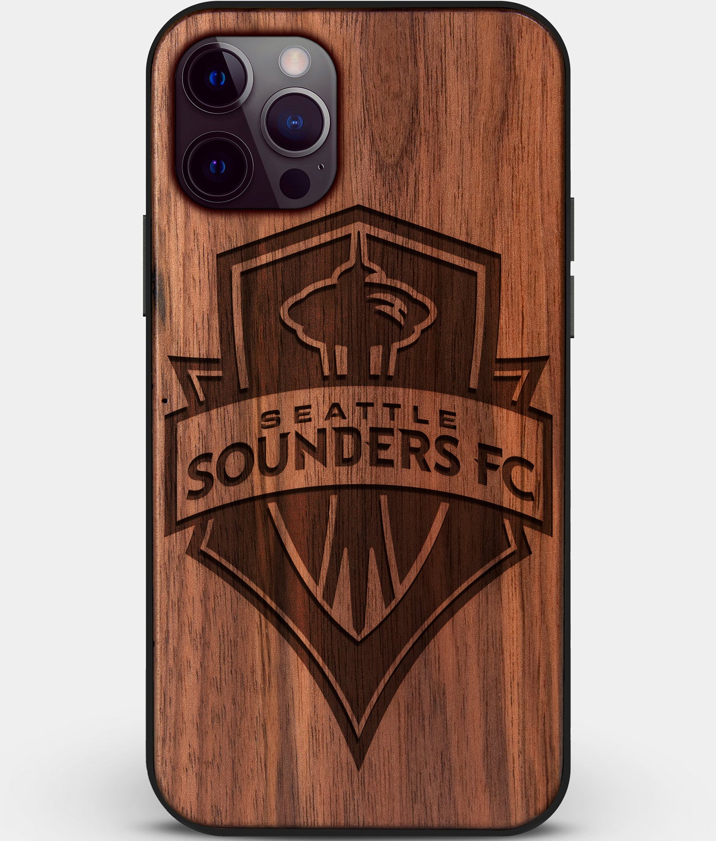 Custom Carved Wood Seattle Sounders FC iPhone 12 Pro Max Case | Personalized Walnut Wood Seattle Sounders FC Cover, Birthday Gift, Gifts For Him, Monogrammed Gift For Fan | by Engraved In Nature