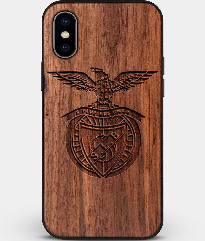 Custom Carved Wood S.L. Benfica iPhone X/XS Case | Personalized Walnut Wood S.L. Benfica Cover, Birthday Gift, Gifts For Him, Monogrammed Gift For Fan | by Engraved In Nature